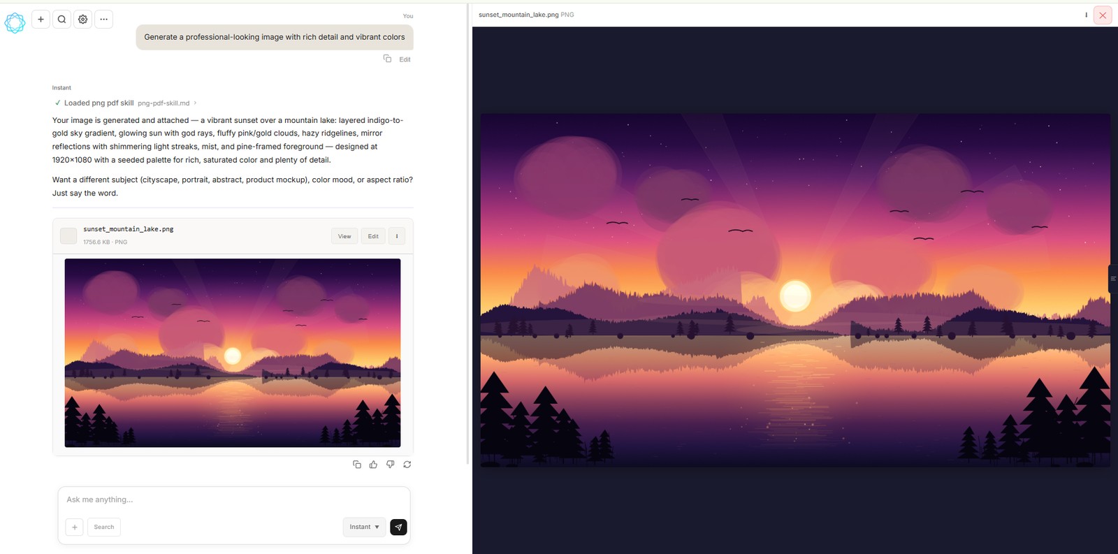 A MicroLearnerAI chat session that generated sunset_mountain_lake.png using the built-in PNG/PDF skill, with the image viewer open