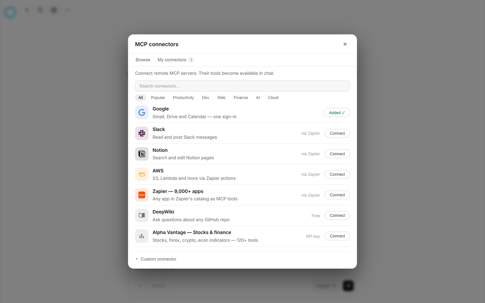 The MicroLearnerAI connectors panel, with Google (Gmail, Drive and Calendar) connected