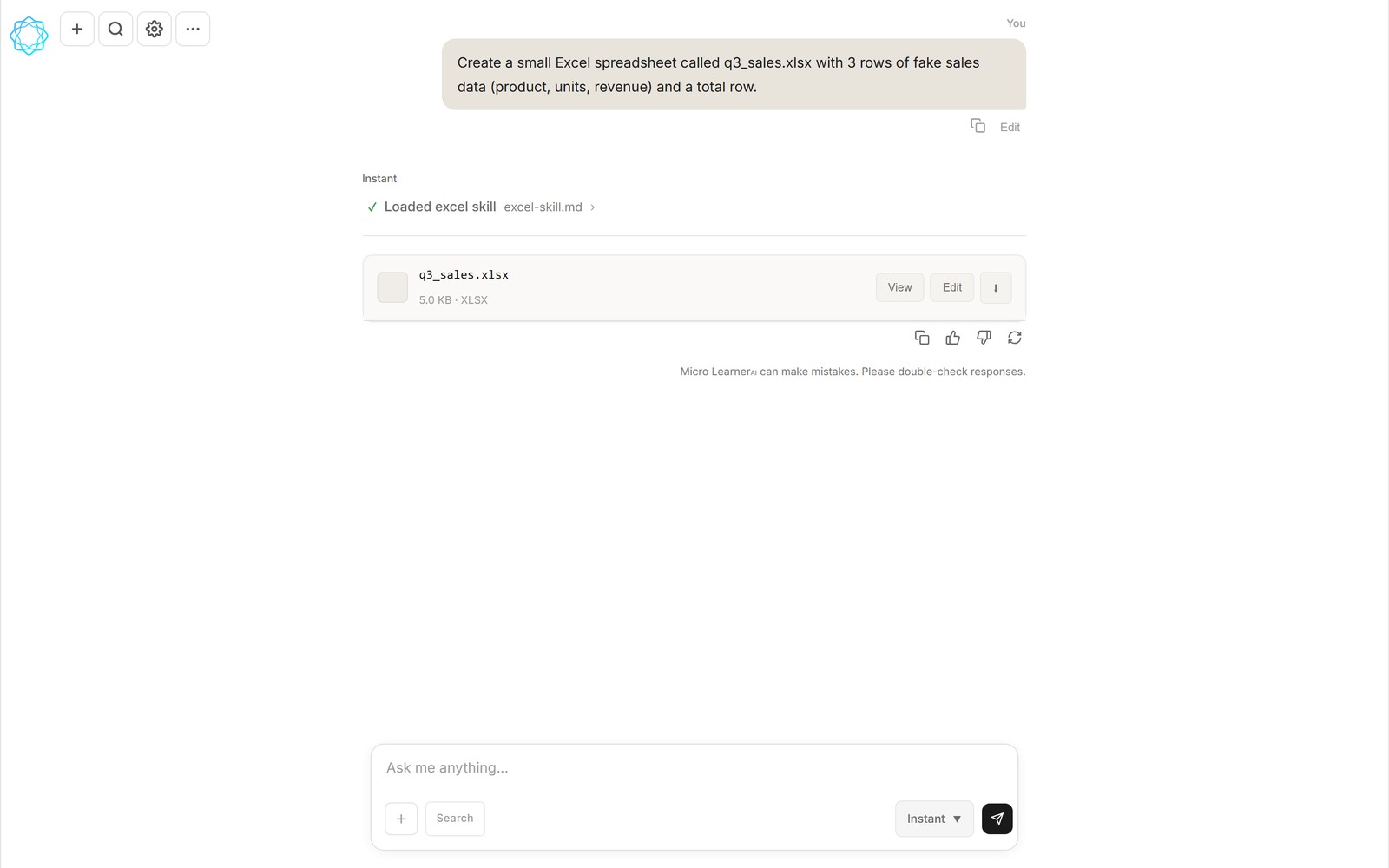 A MicroLearnerAI conversation with a finished spreadsheet attached to the chat, showing View, Edit and download actions